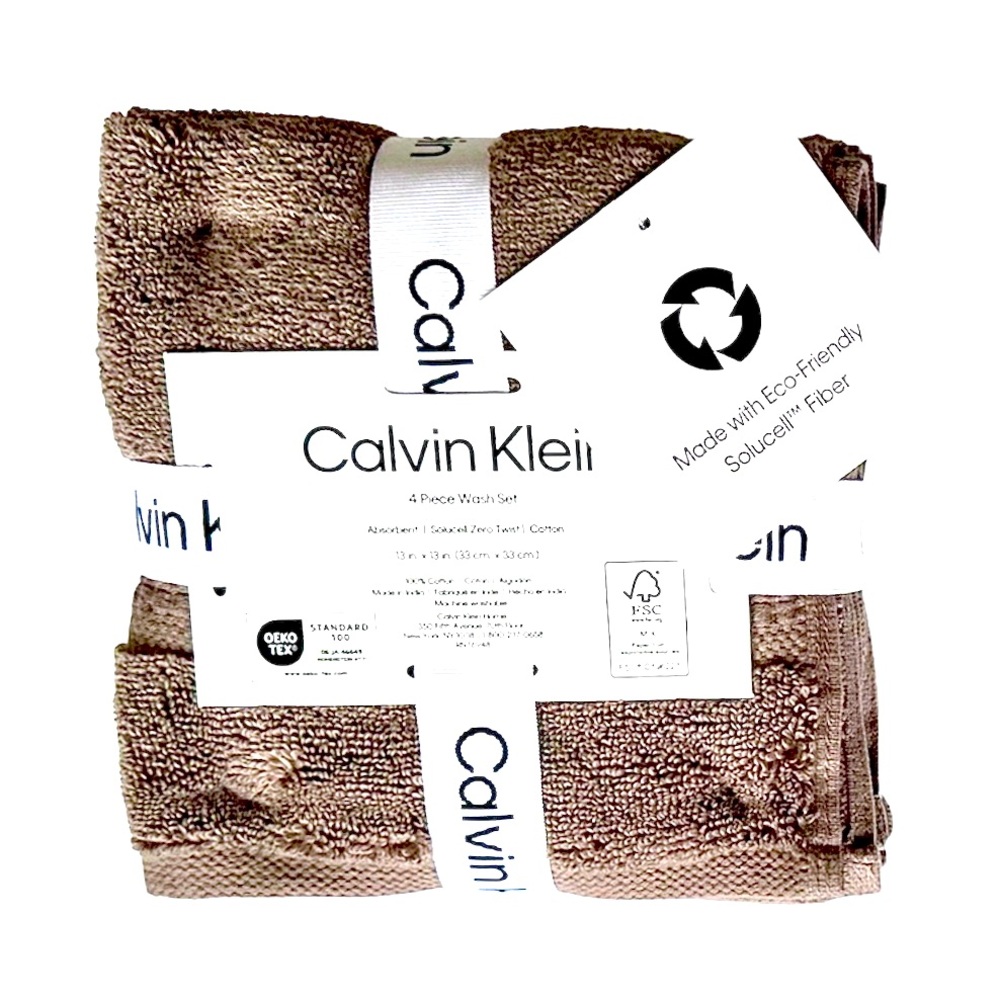Calvin Klein 4 Pc Wash Set 100% Cotton Light Brown Taupe Eco Friendly Solucell
